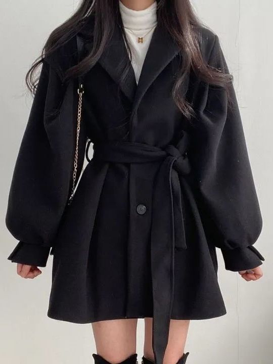 Tailored Coat Wool - Korean Style Woolen Coat Belted Tailored